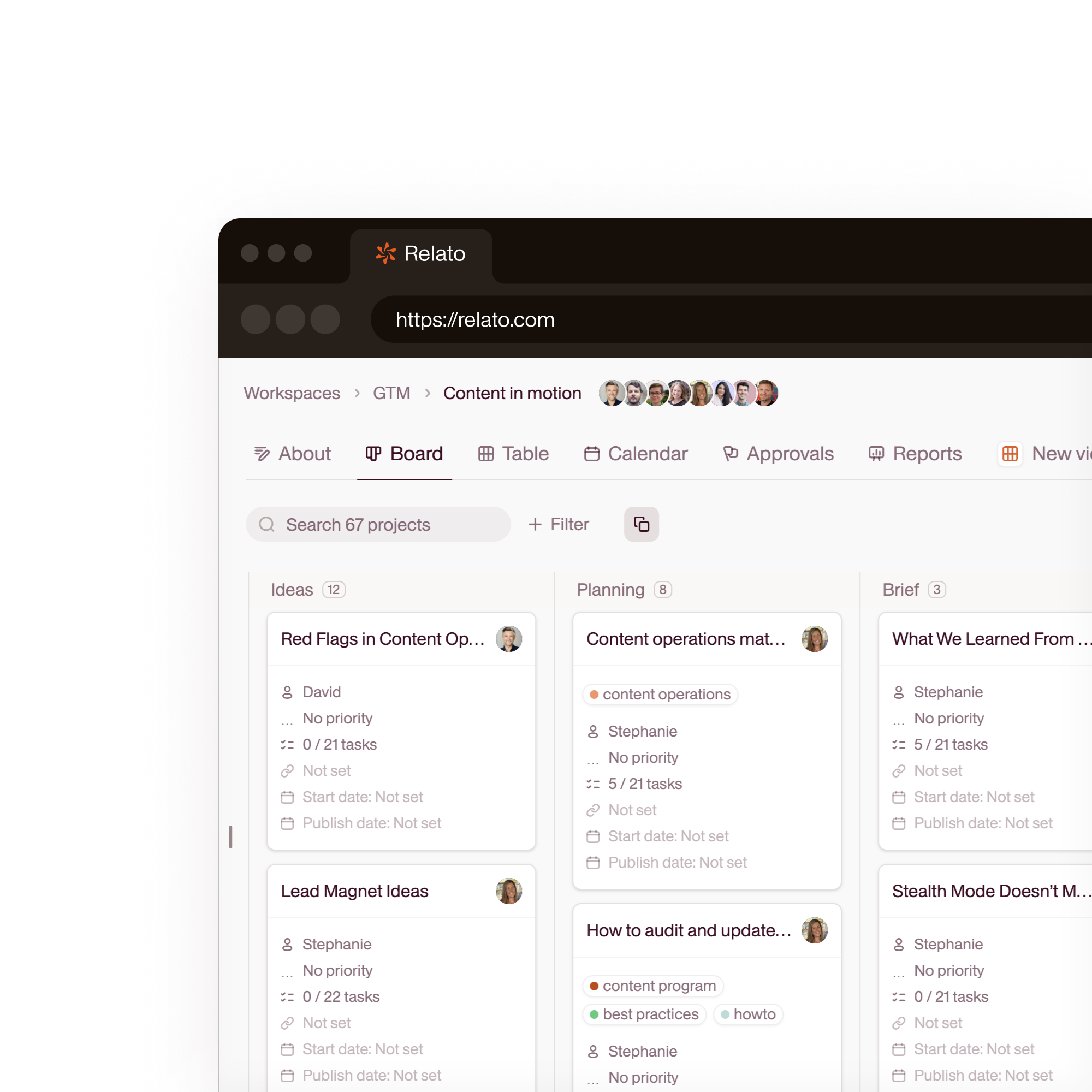 Relato board view showing agents running on different LLM models