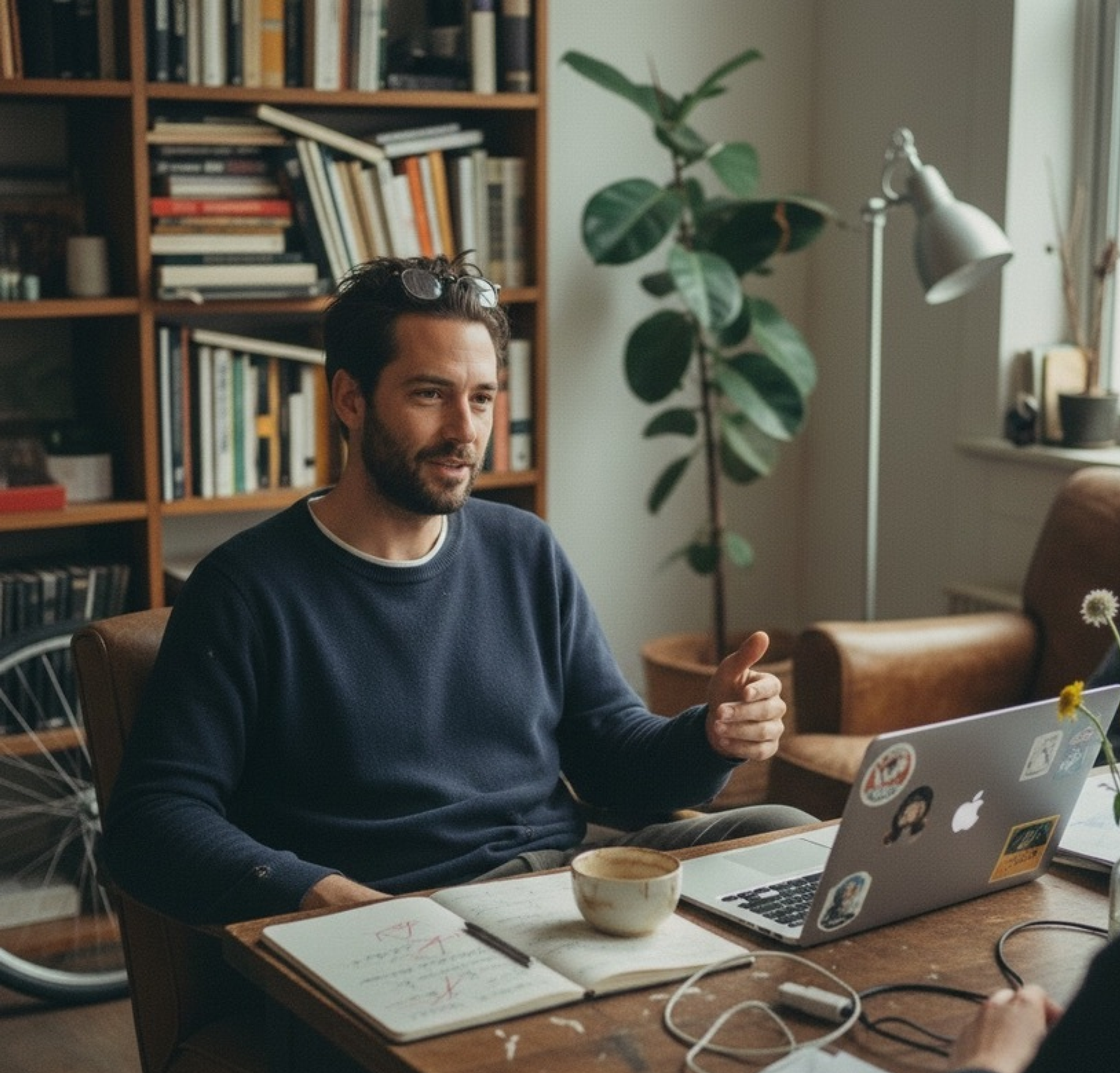 Content strategist planning at his desk with notebook and laptop